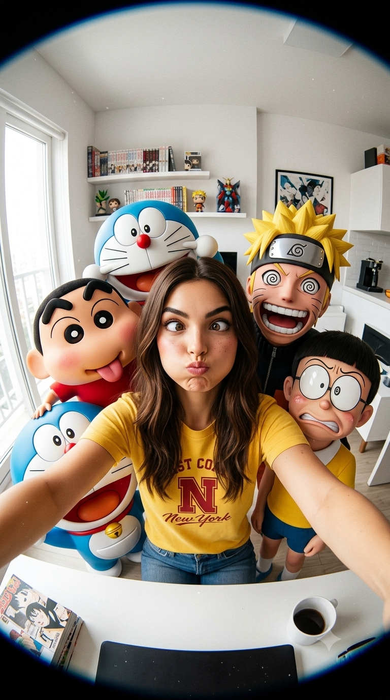 Ultra-Realistic Fisheye Selfie with Shinchan, Doraemon, Naruto & Nobita AI Prompt Original