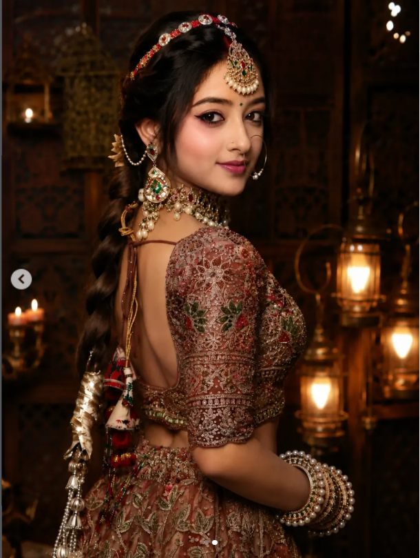 Ultra-Realistic Cinematic Indian Bridal Portrait with Brown Embroidered Lehenga AI Prompt Original