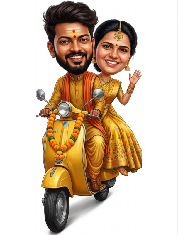 3D South Indian Couple on Yellow Vespa Caricature AI Image Prompt Original