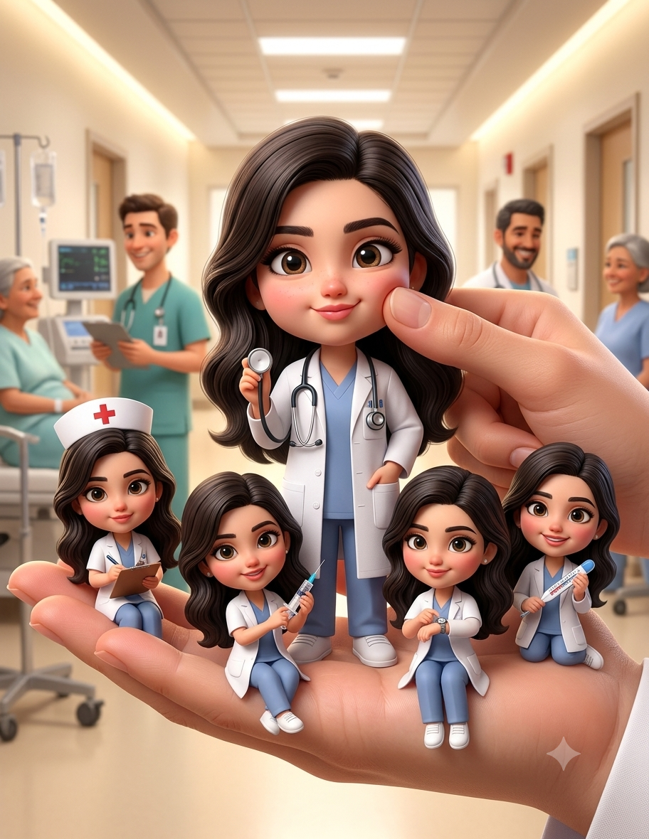 Cute Miniature 3D Doctor Girl Caricature Sitting on a Hand in a Hospital Original