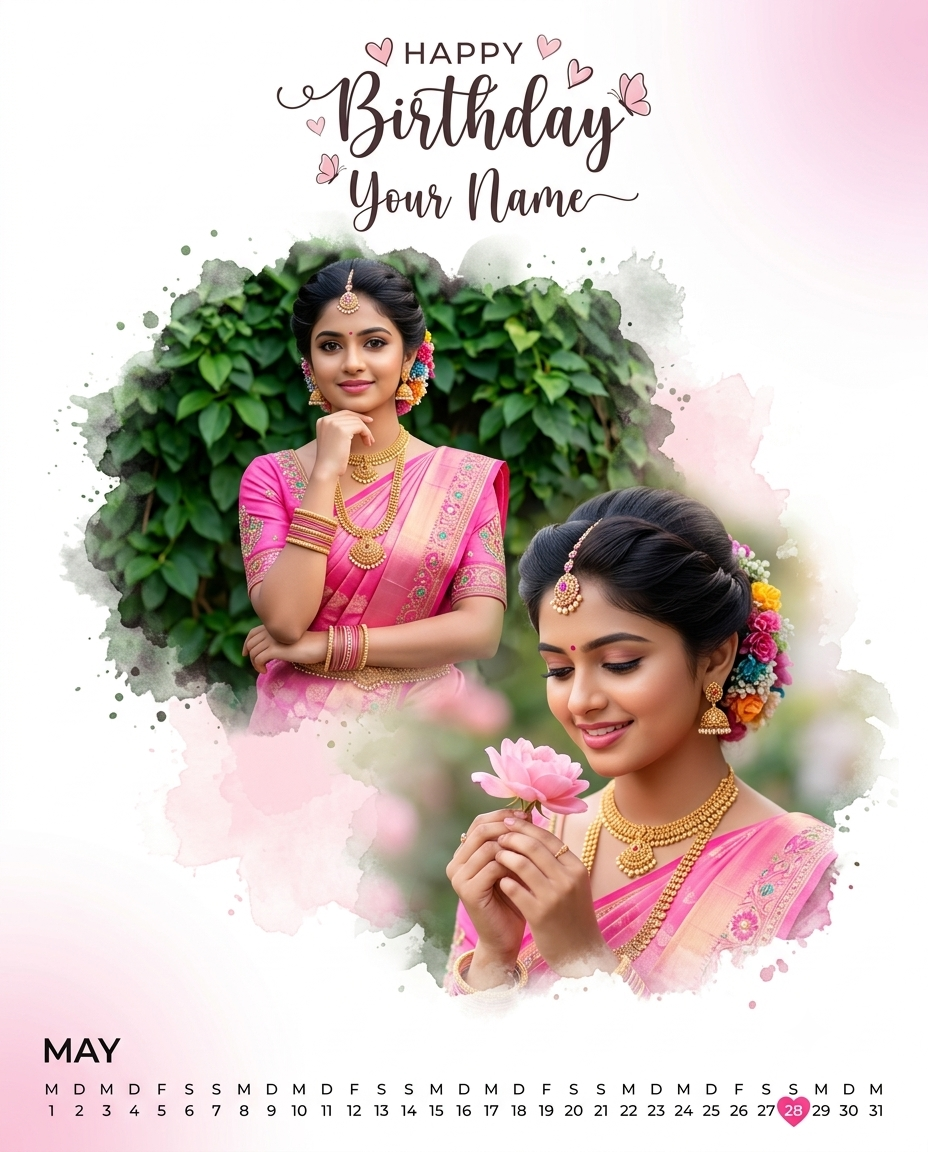 Ultra-Realistic Indian Girl Birthday Calendar Poster with Elegant Pink Traditional Dress Original