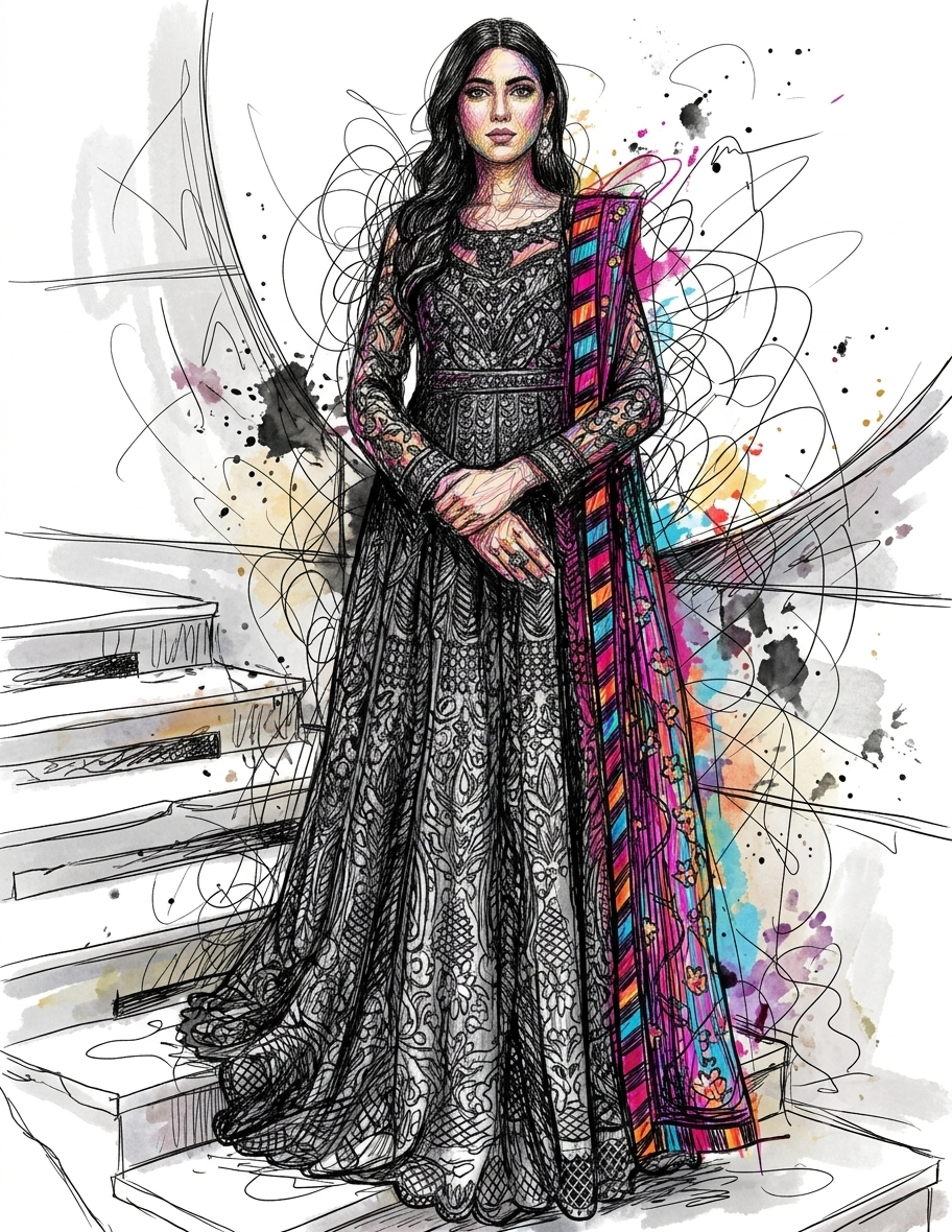 Ultra-Detailed Abstract Scribble Line Art Portrait of an Indian Woman Original
