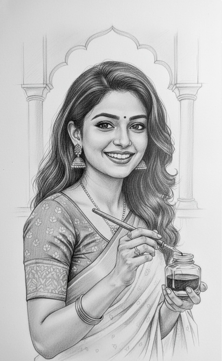 Hyper-Realistic Monochrome Pencil Sketch Portrait of an Indian Woman in 4K Original