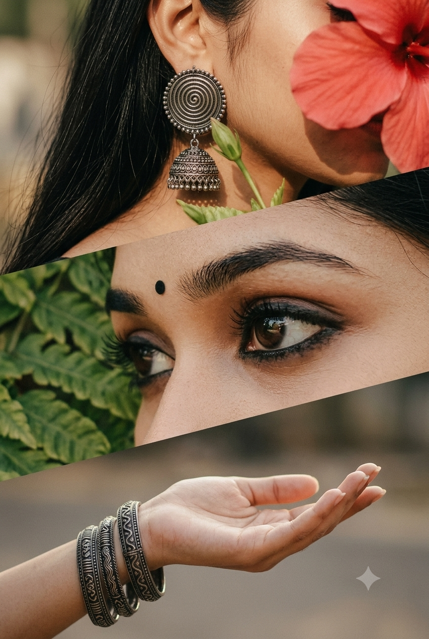 Artistic Cinematic Three-Panel Indian Woman Portrait with Traditional Jewelry AI Prompt Original