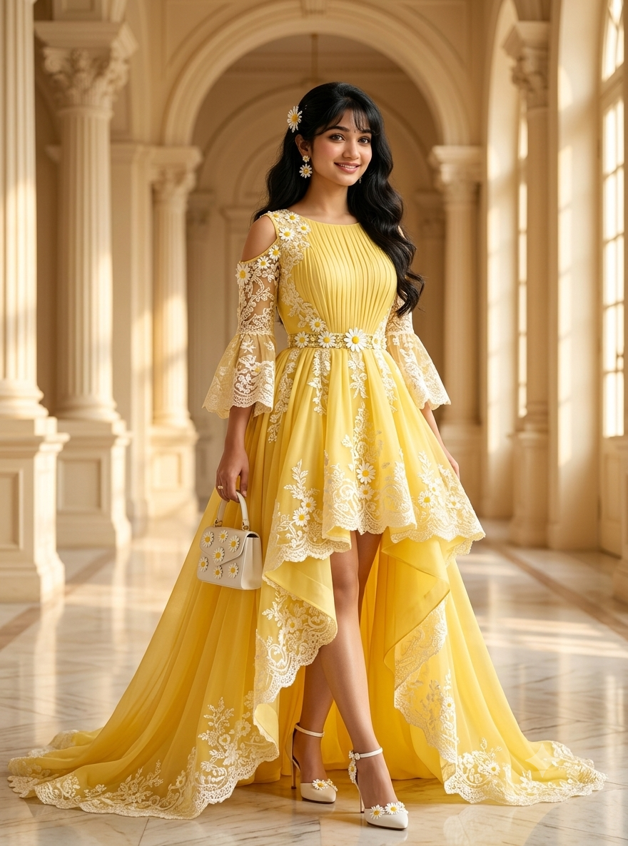 Luxury Yellow High-Low Gown Fashion Portrait AI Image Prompt Original
