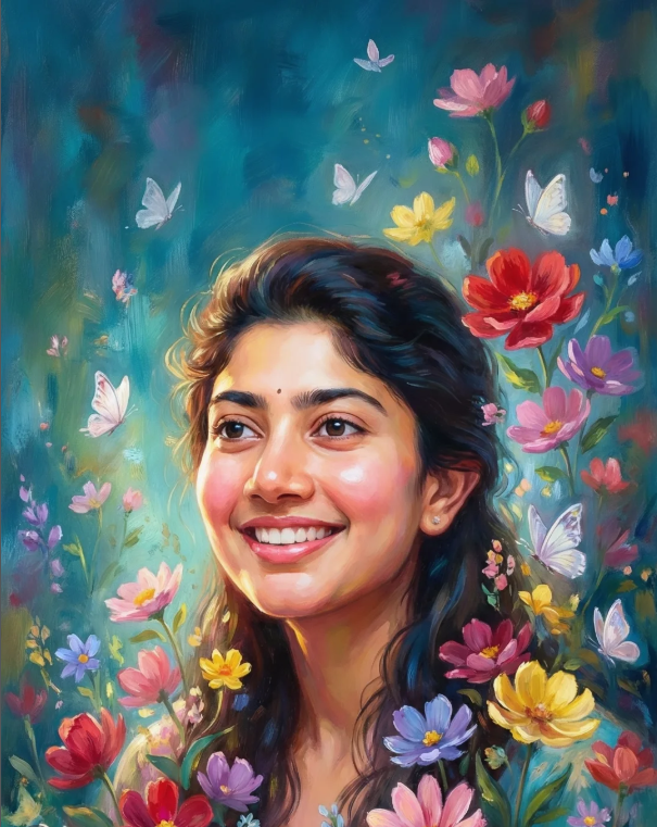 Ethereal Floral Portrait AI Image Prompt with Butterflies and Oil Painting Style Original