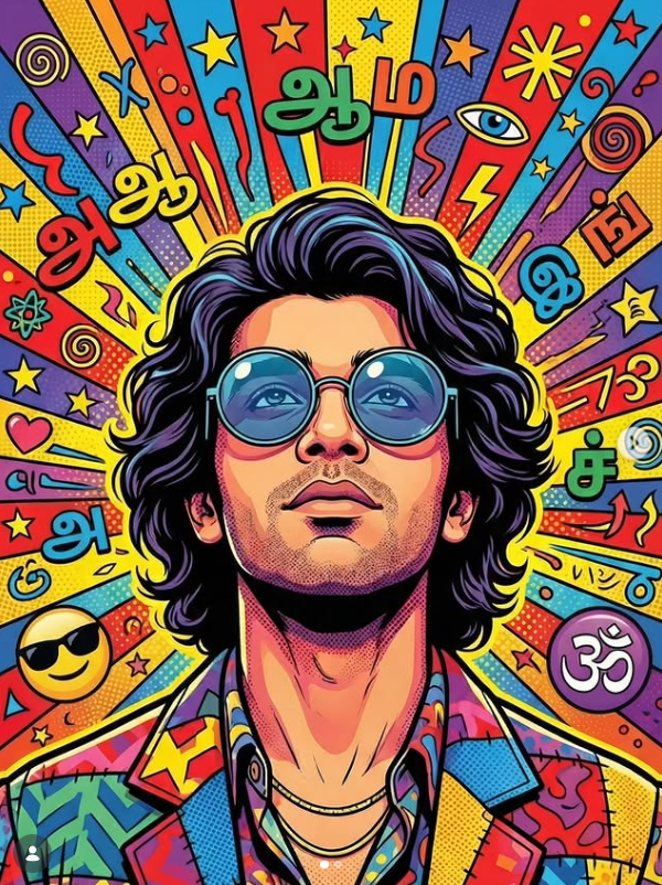 Vibrant Pop Art Portrait with Psychedelic Tamil Typography & Surreal Elements Original