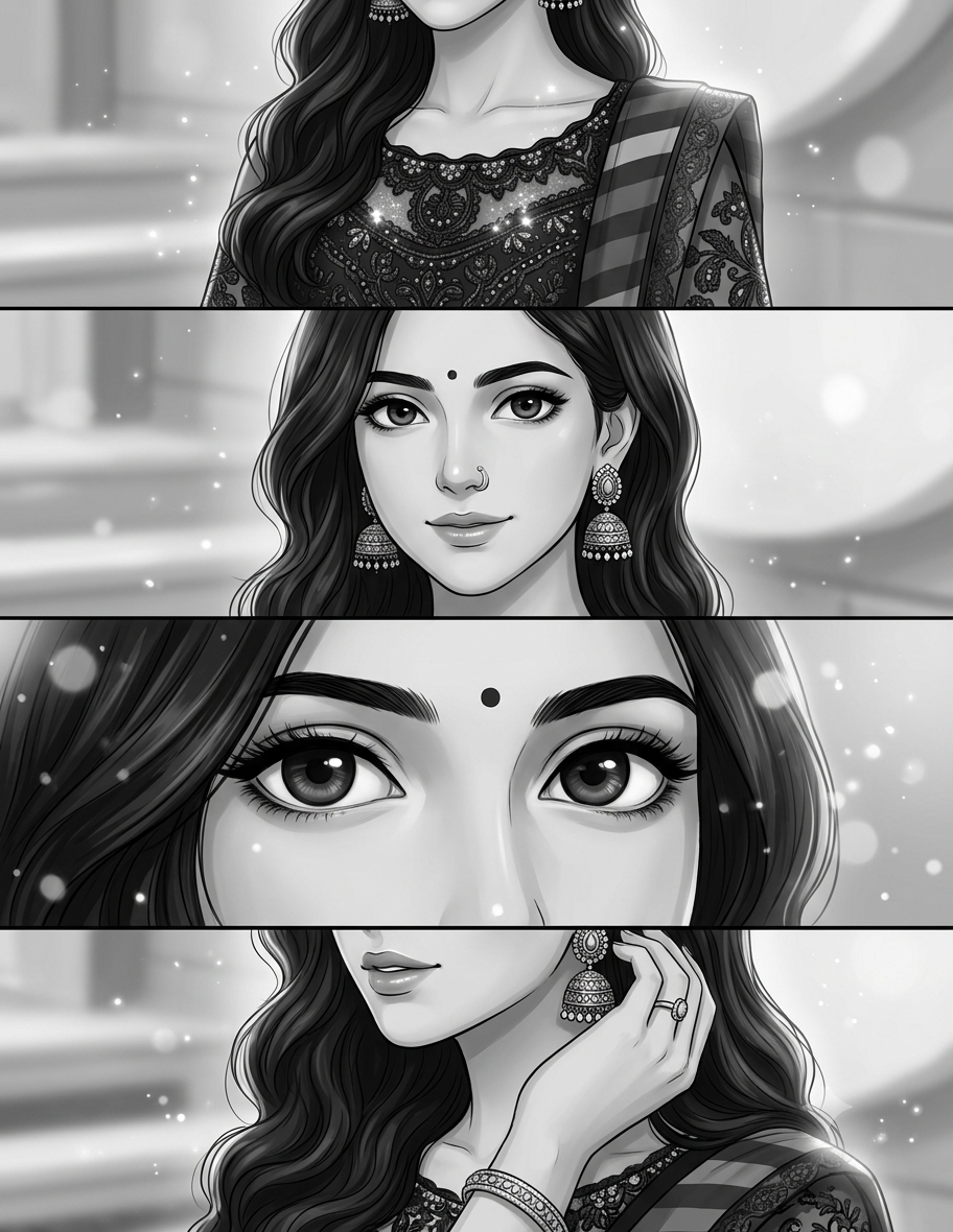 Cinematic Four-Panel Anime Portrait with Luxury Monochrome Style AI Prompt Original