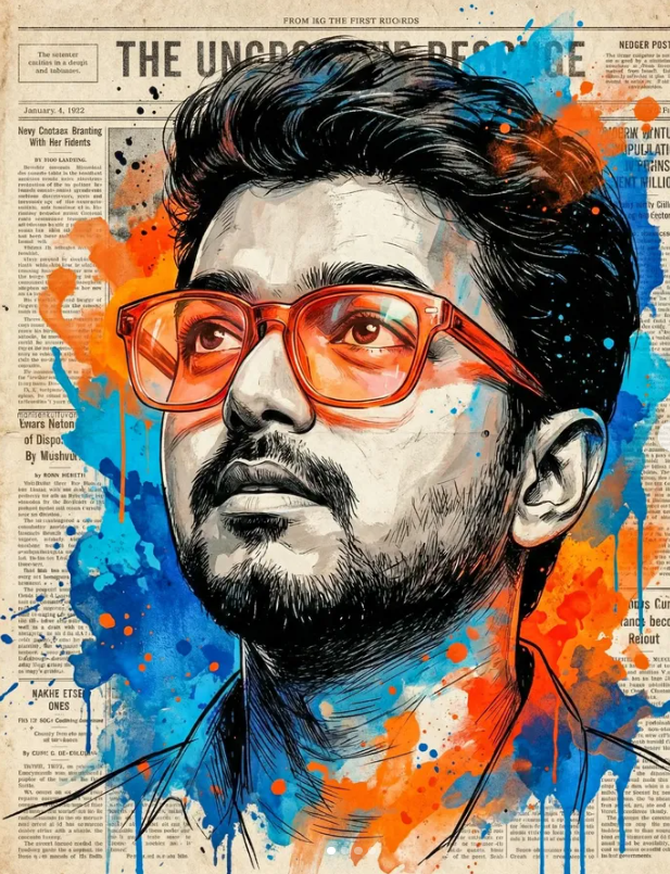 Vibrant Mixed Media Portrait with Vintage Newspaper Texture AI Prompt Original