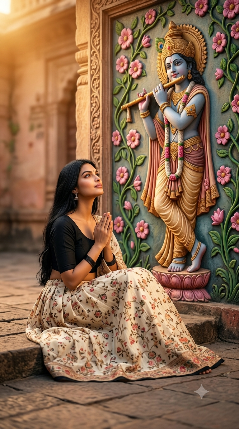 Devotional Krishna Wall Portrait of an Indian Girl | AI Photo Prompt Original