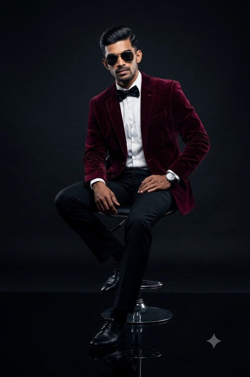 Ultra-Realistic High-Fashion Men's Burgundy Velvet Editorial Studio Portrait AI Prompt Original