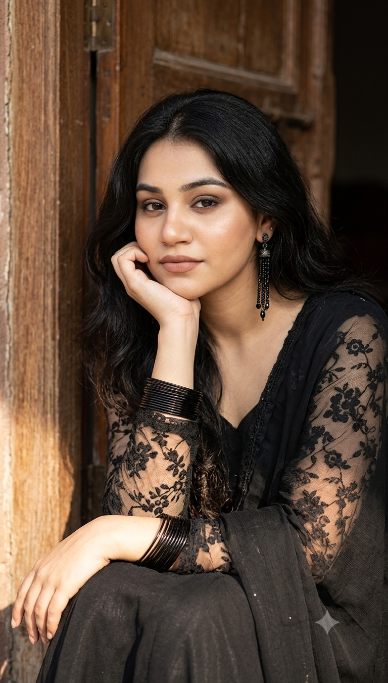 Ultra Realistic South Asian Woman in Black Ethnic Outfit | Cinematic 8K Portrait AI Prompt Original