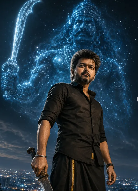 Cinematic Karuppu Sami Guardian Portrait with South Indian Warrior at Night Original