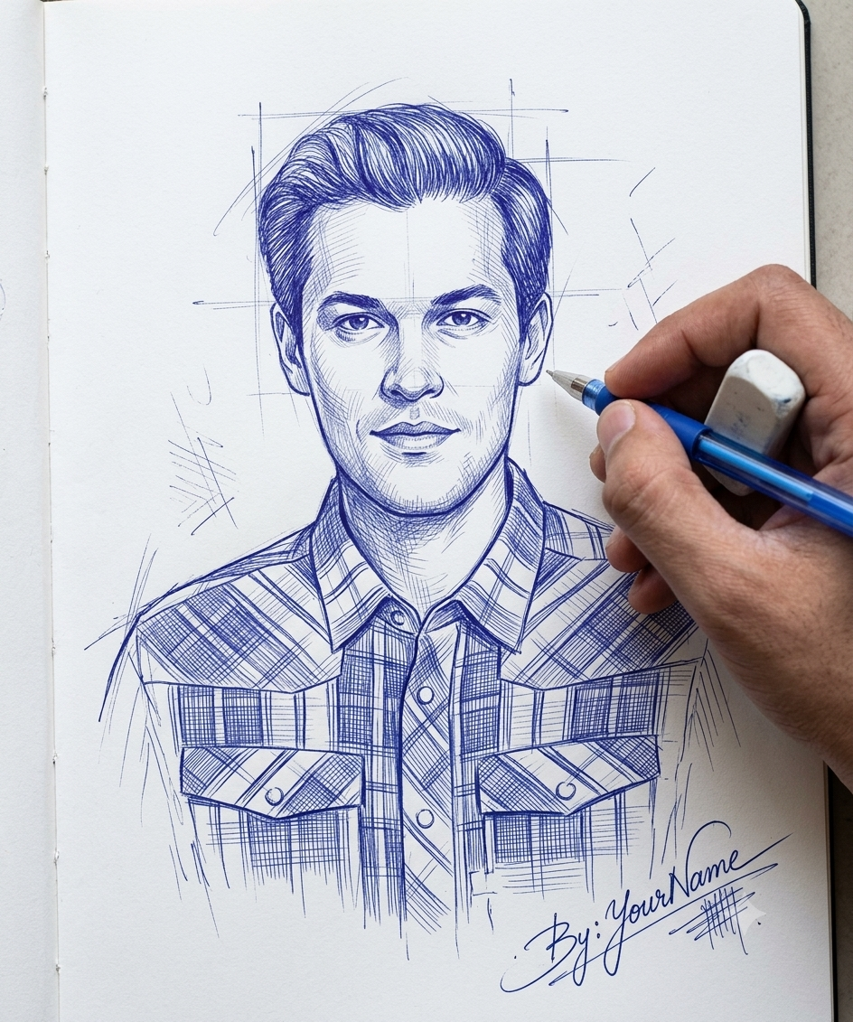 Ultra-Realistic Blue Ink Line Sketch Portrait on Notebook Paper with Hand Drawing Effect Original