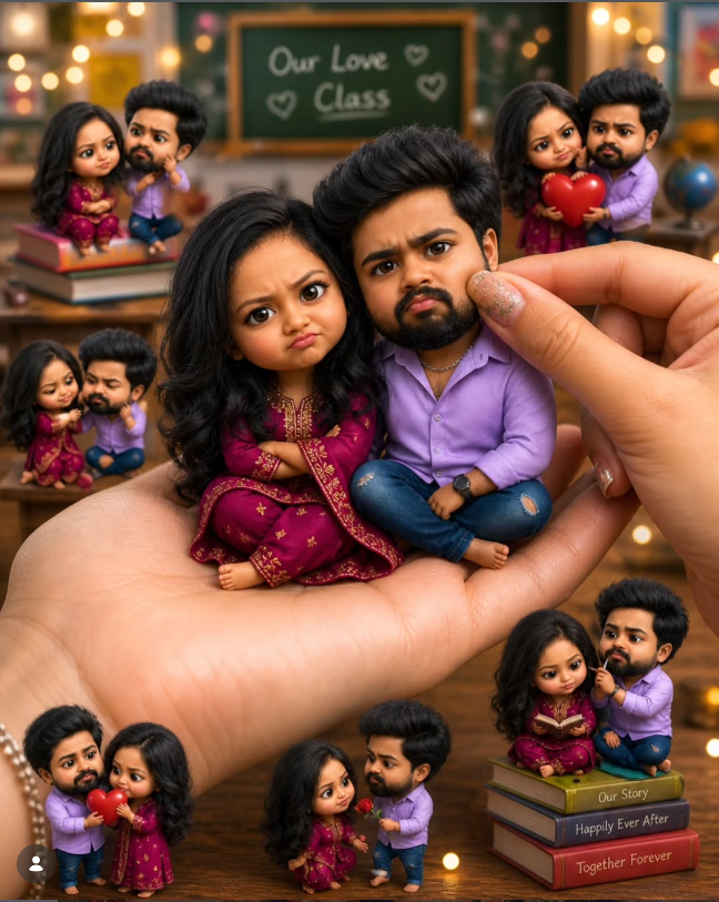 Cute Chibi Miniature Couple Portrait in Hand with Dreamy Classroom Background Original