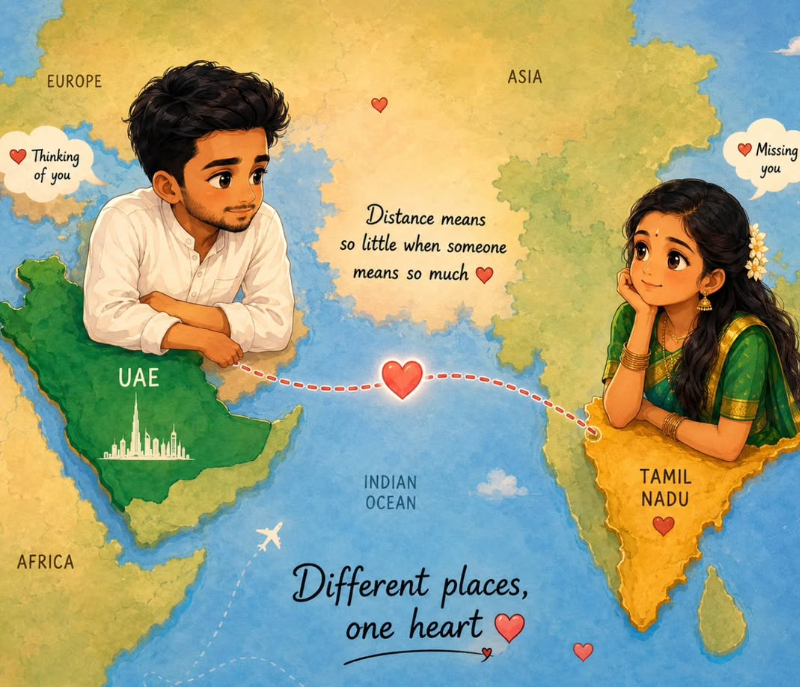 Cute Long-Distance Love Cartoon Illustration on World Map | Tamil Nadu & UAE Original