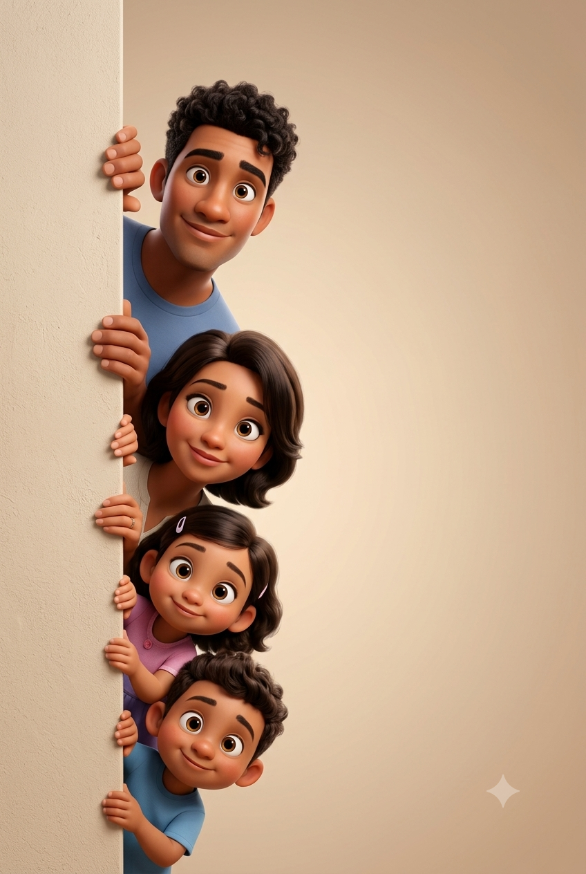 3D Pixar Disney Family Peek Behind Wall Cartoon Portrait AI Prompt Original