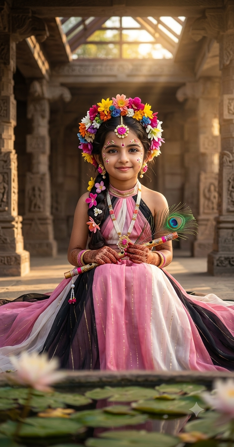 Ultra-Realistic Radha-Inspired Portrait of a Girl in Floral Temple Setting | 8K Cinematic AI Prompt Original