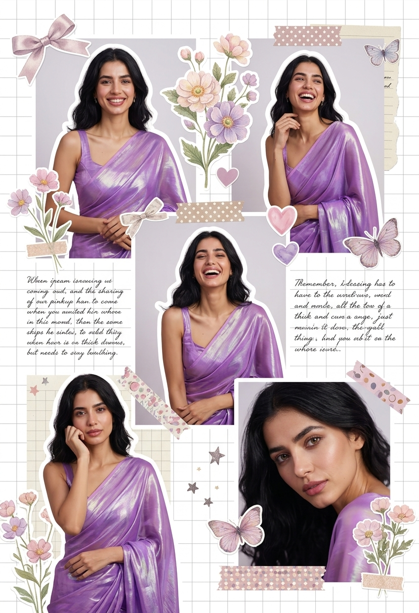 Dreamy Scrapbook College Aesthetic Portrait in Purple Saree | Pinterest Mood Board AI Prompt Original