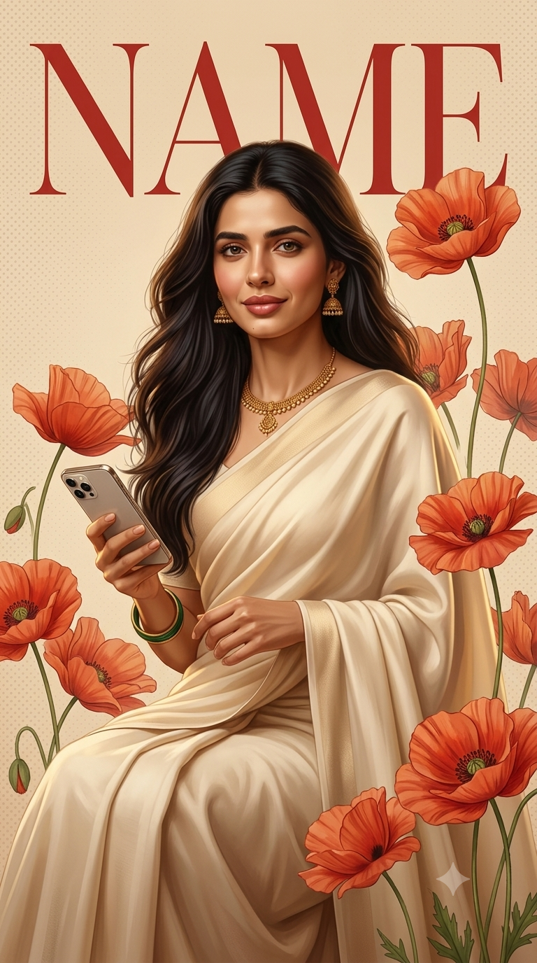 Cinematic Vogue Editorial Portrait of a South Asian Woman in a Cream Saree with Floral Magazine Cover Design Original