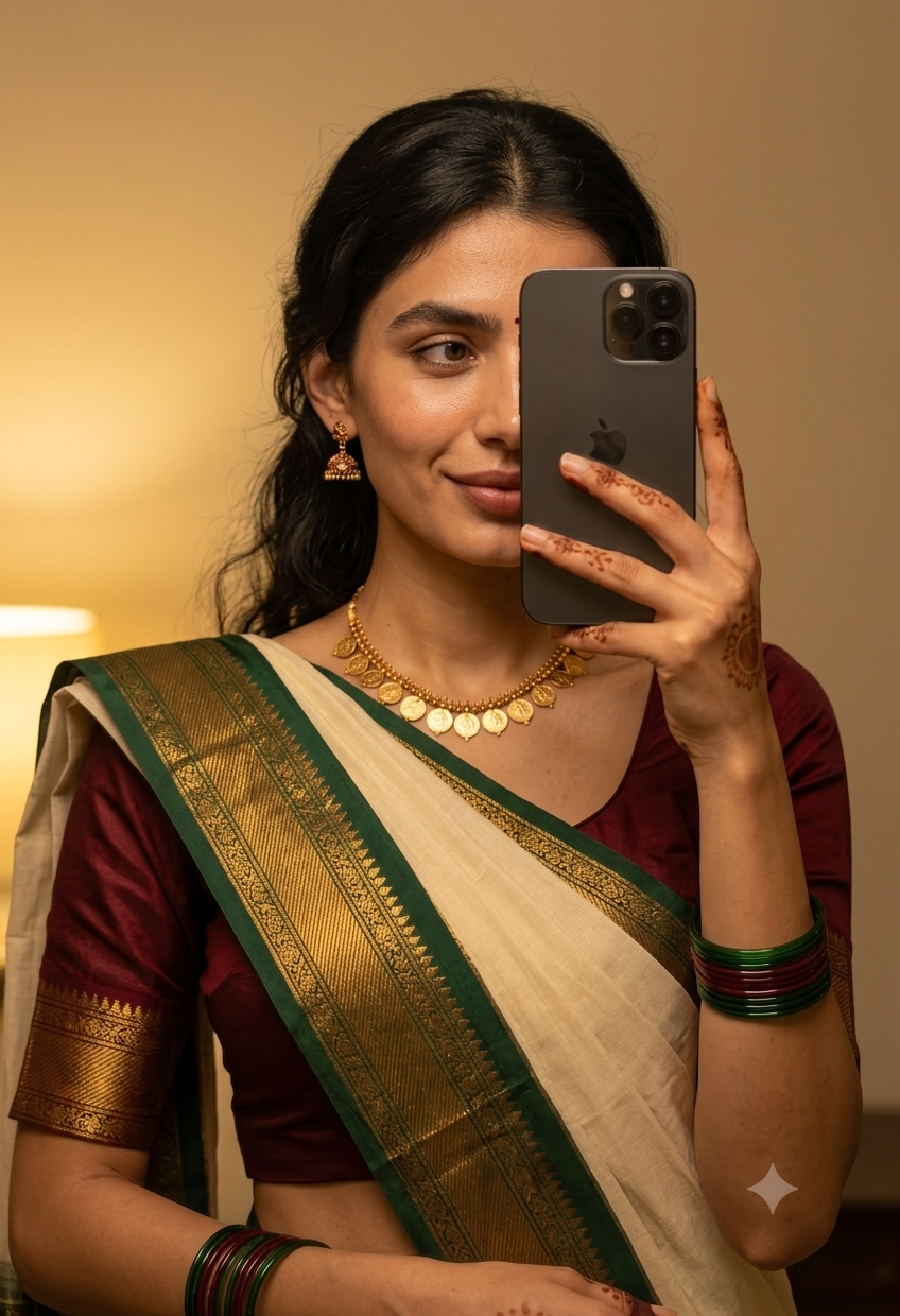 Ultra-Realistic Kerala Kasavu Saree Mirror Selfie Portrait AI Prompt Original