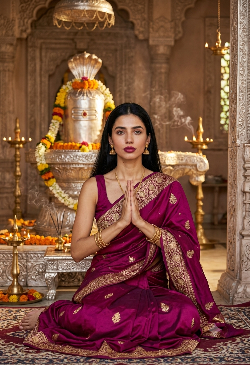 Ultra-Realistic Indian Woman in Magenta Silk Saree at Shiva Temple AI Prompt Original
