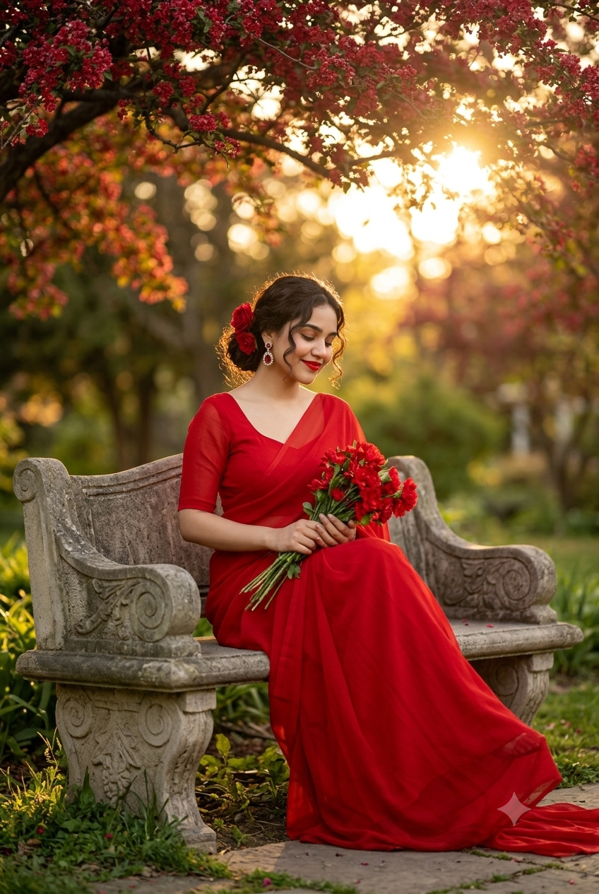 Ultra-Realistic Indian Woman in Red Saree Garden Portrait AI Image Prompt Original