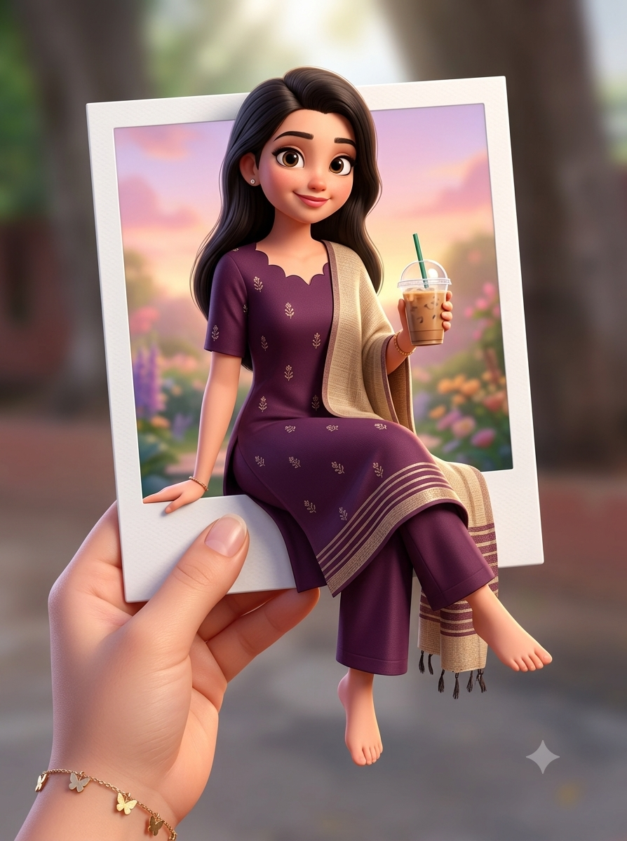 Cute 3D Cartoon Girl Sitting on Polaroid Frame AI Image Prompt Original