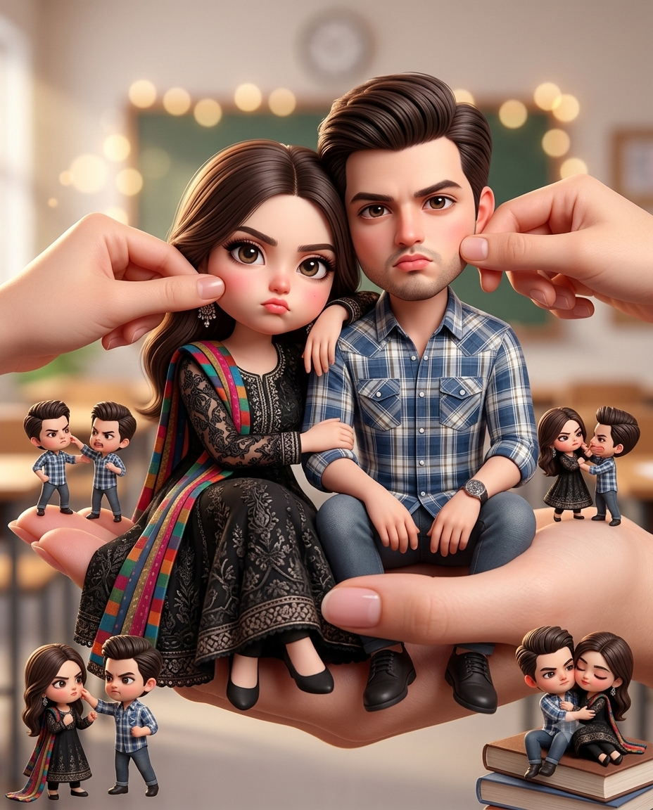 Cute Miniature Chibi Couple Sitting in Hand – Ultra Realistic 3D Portrait Prompt Original