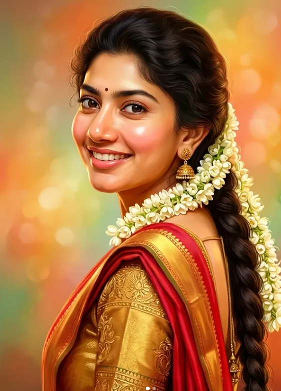 Semi-Realistic South Indian Woman Portrait AI Image Prompt with Traditional Saree & Jasmine Flowers Original