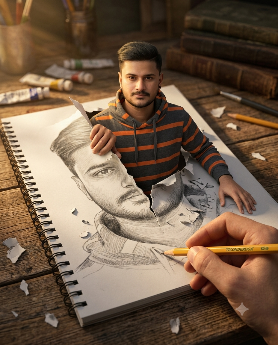 Hyper-Realistic 3D Sketchbook Portrait Breaking Into Reality AI Image Prompt Original