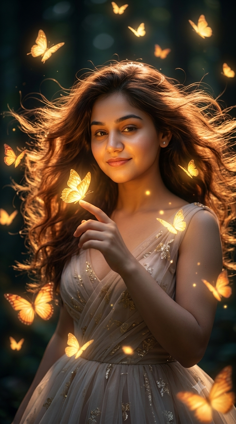 8K Ultra-Realistic Princess Portrait with Glowing Golden Butterflies AI Prompt Original