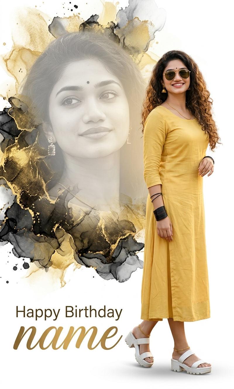 Ultra-Realistic Indian Girl Birthday Collage Poster AI Image Prompt | Double Portrait in Yellow Outfit Original