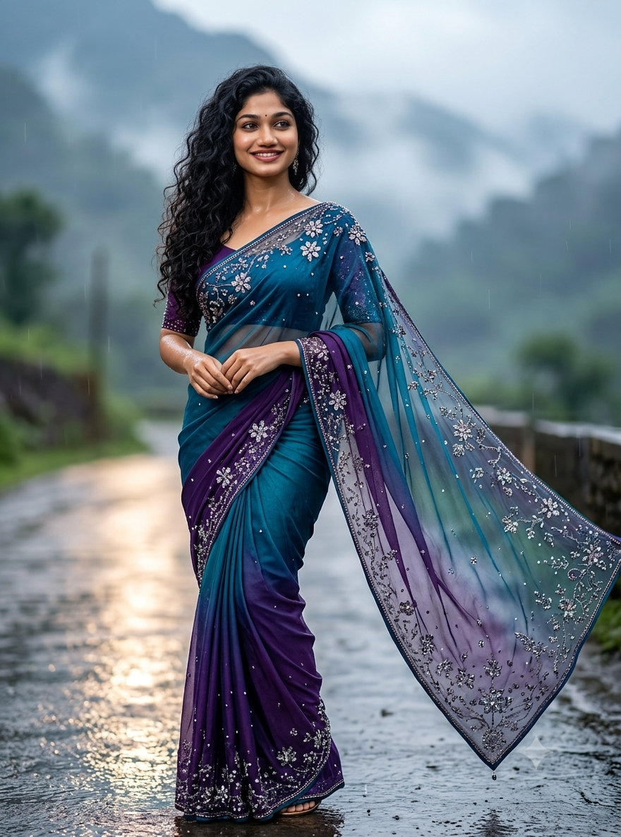 Beautiful South Indian Woman in Teal Blue & Violet Designer Saree AI Image Prompt Original