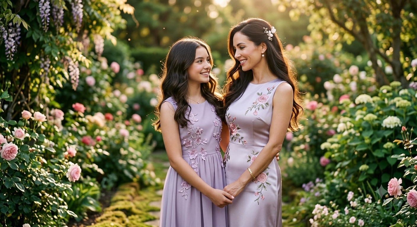 Ultra-Realistic Mother and Teenage Daughter Lavender Gown Garden Portrait Prompt Original
