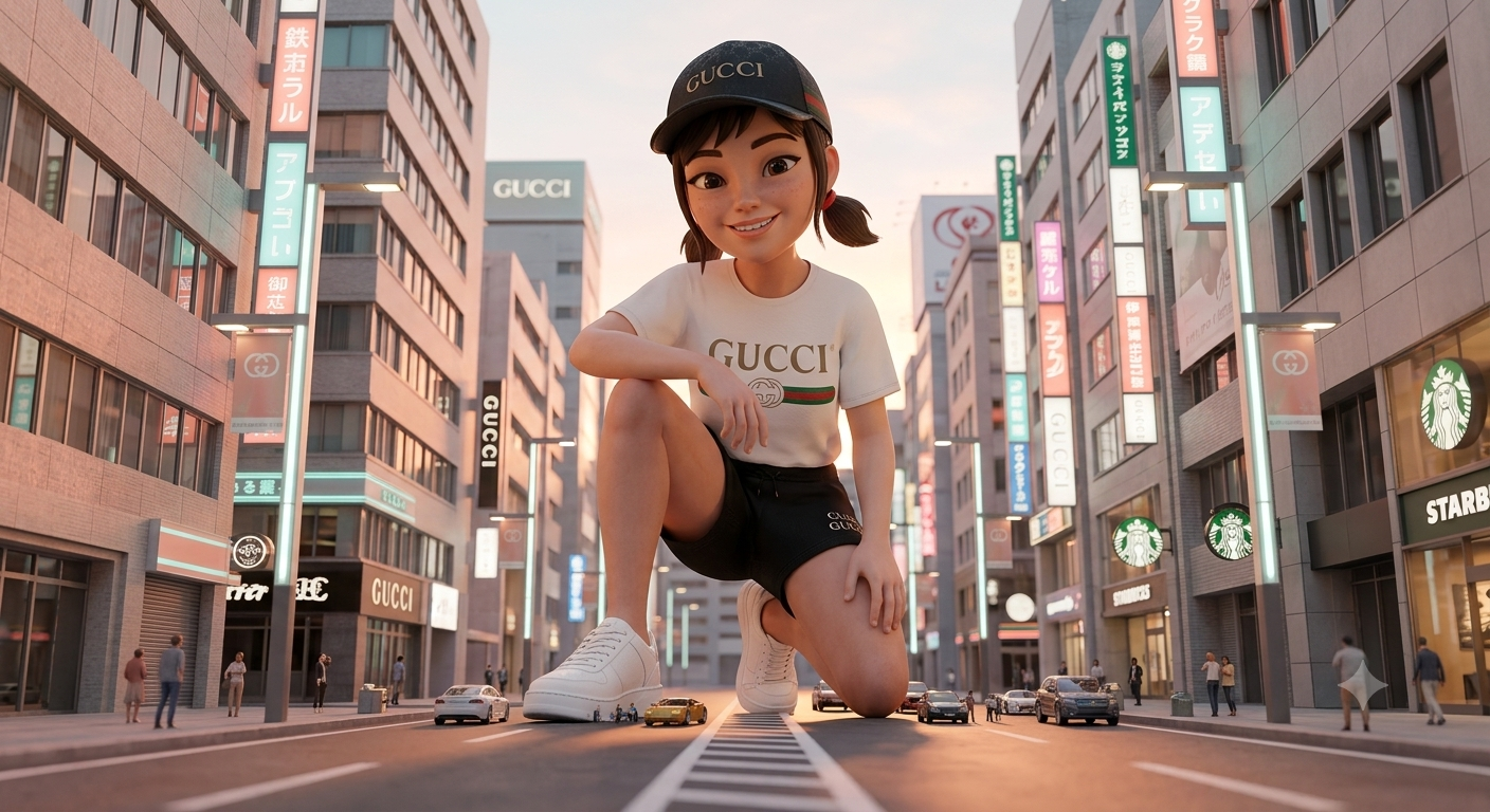 Playful Giant in Gucci on a Surreal City Street AI Image Prompt Original