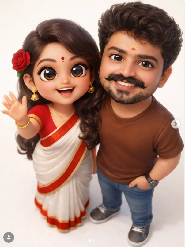 Cute South Indian Chibi Couple 3D Pixar-Style Top View Illustration Original