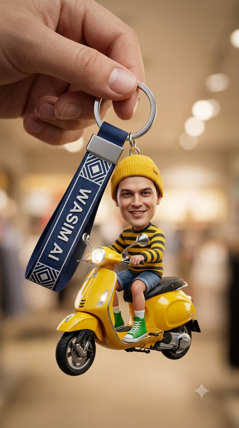 Hyper-Realistic Miniature Caricature Vespa Keychain with Custom Face AI Prompt Original