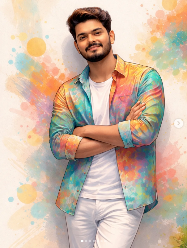 Modern Hand-Painted Digital Portrait Illustration with Vibrant Abstract Art Original