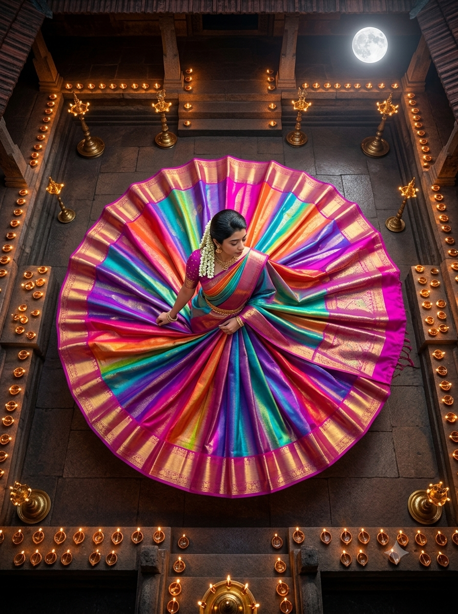 Ultra-Realistic Top-Down Cinematic South Indian Temple Saree Portrait Prompt Original