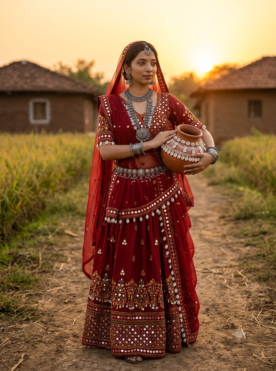 Cinematic Portrait of a Beautiful Indian Village Woman in Traditional Red Lehenga Original