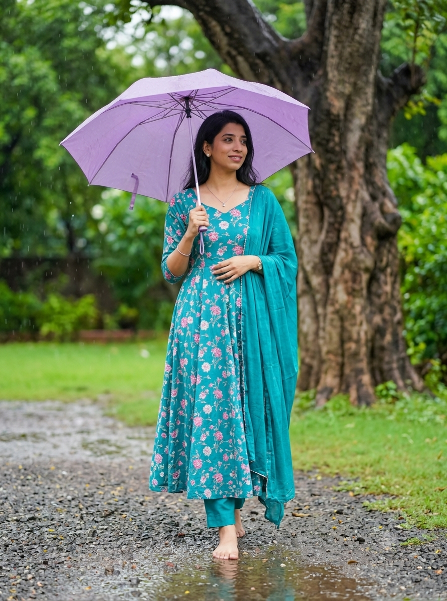 Photorealistic Woman Walking in Rain with Teal Floral Anarkali and Umbrella Original