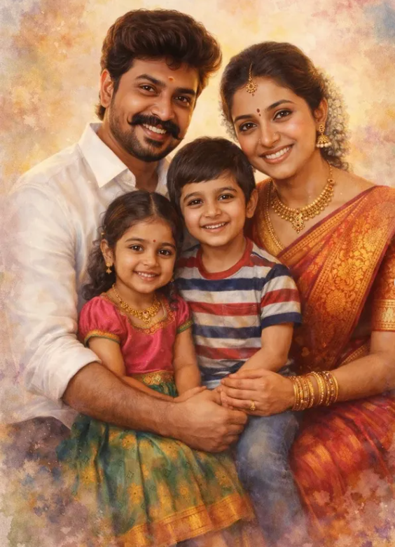 High-Quality South Indian Family Digital Oil Painting AI Prompt | Cinematic Portrait Original