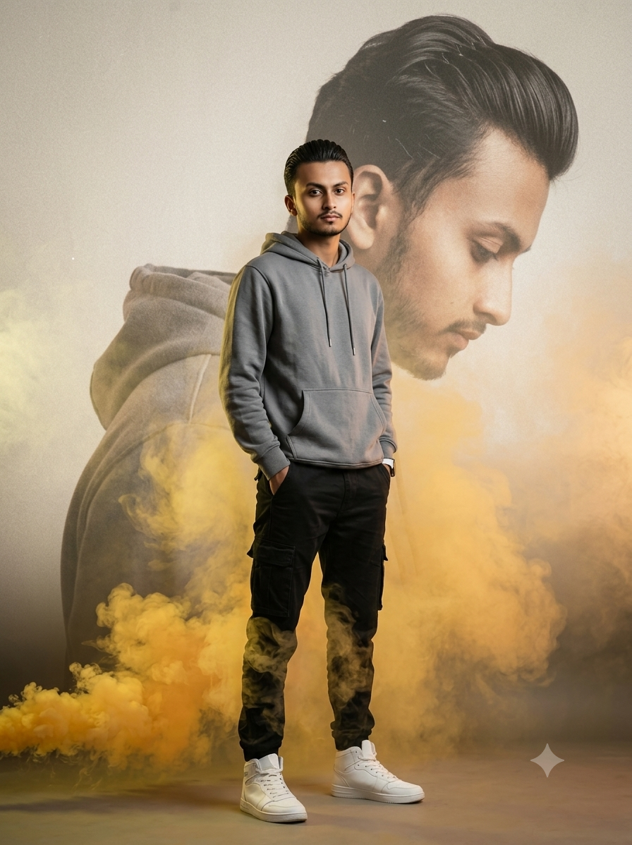Cinematic Grey Hoodie Portrait with Vintage Double Exposure Smoke Effect Original