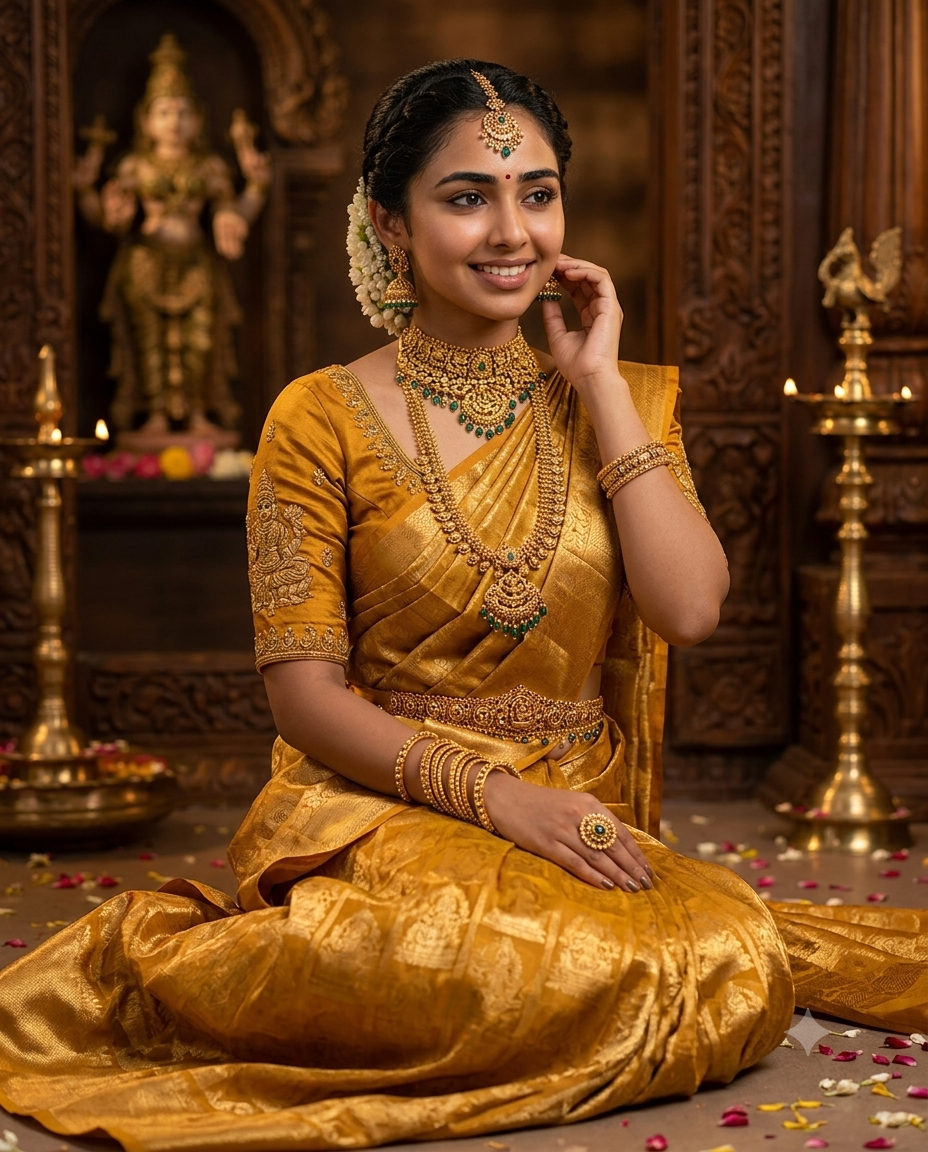 Photorealistic South Indian Bridal Kanchipuram Saree Portrait AI Image Prompt | Regal Temple Wedding Look Original