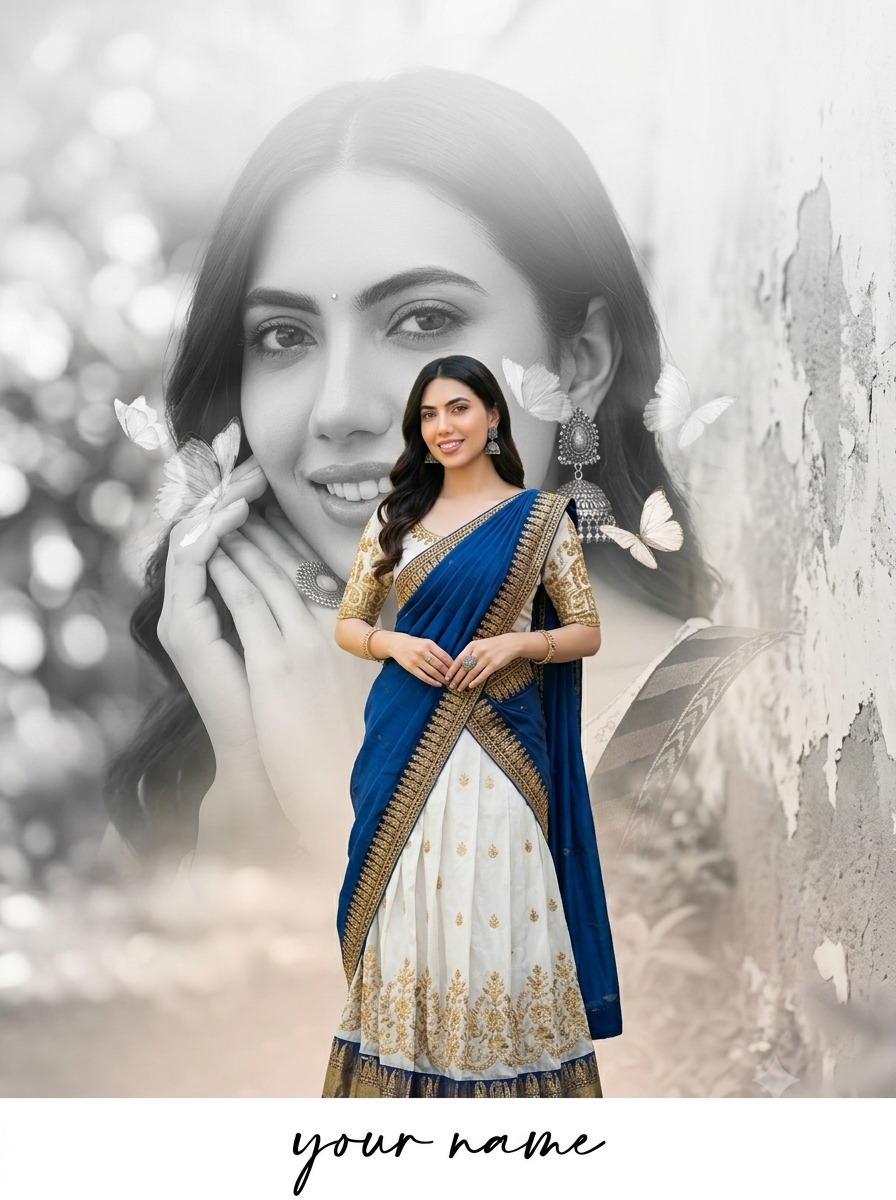 Cinematic Double Exposure Half Saree Portrait AI Image Prompt | Blue & White Traditional Poster Original