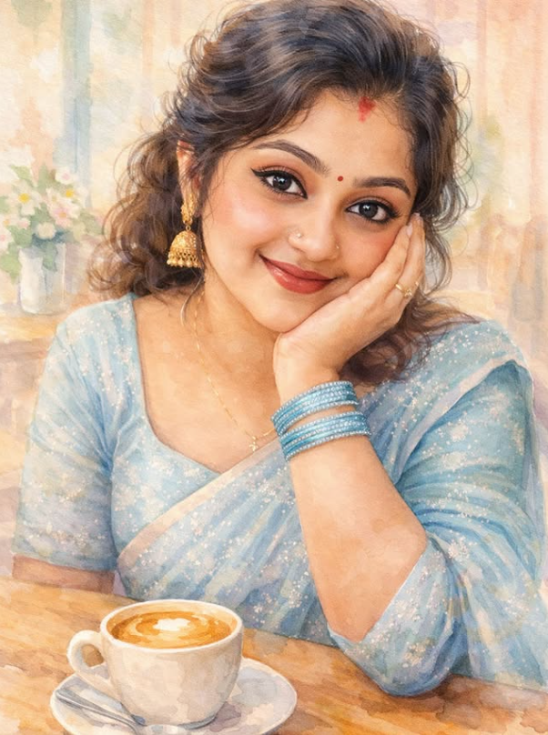 AI Watercolor Portrait of an Indian Woman in a Cozy Café | Soft Romantic Art Original