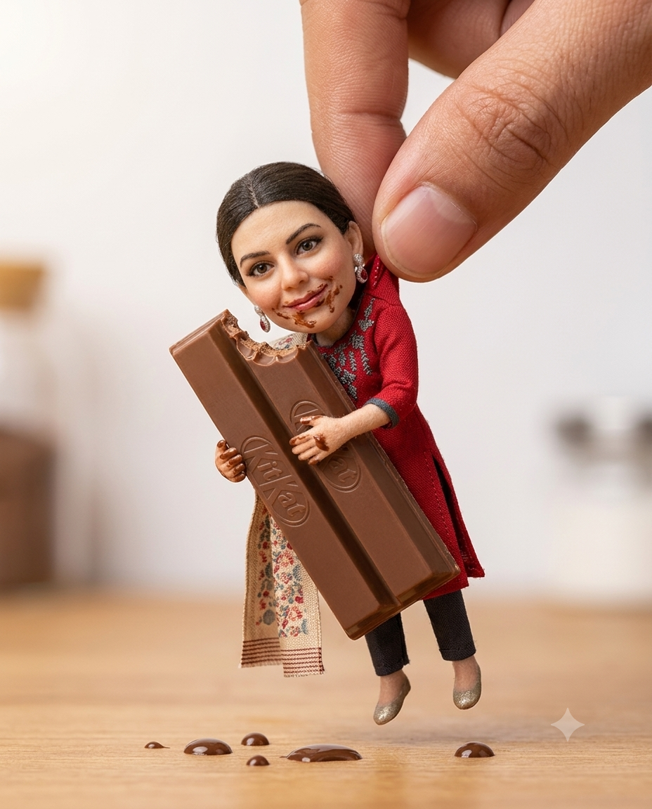 Ultra-Realistic Mini Doll Hugging a Giant KitKat AI Image Prompt Original