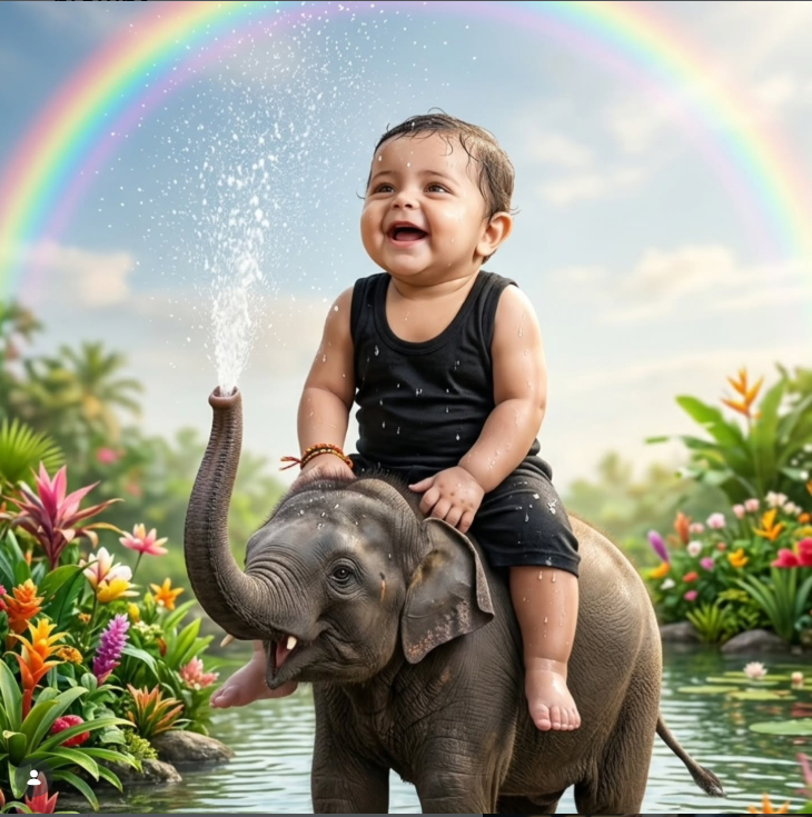 Ultra Realistic Baby Boy Riding Baby Elephant by Pond AI Image Prompt