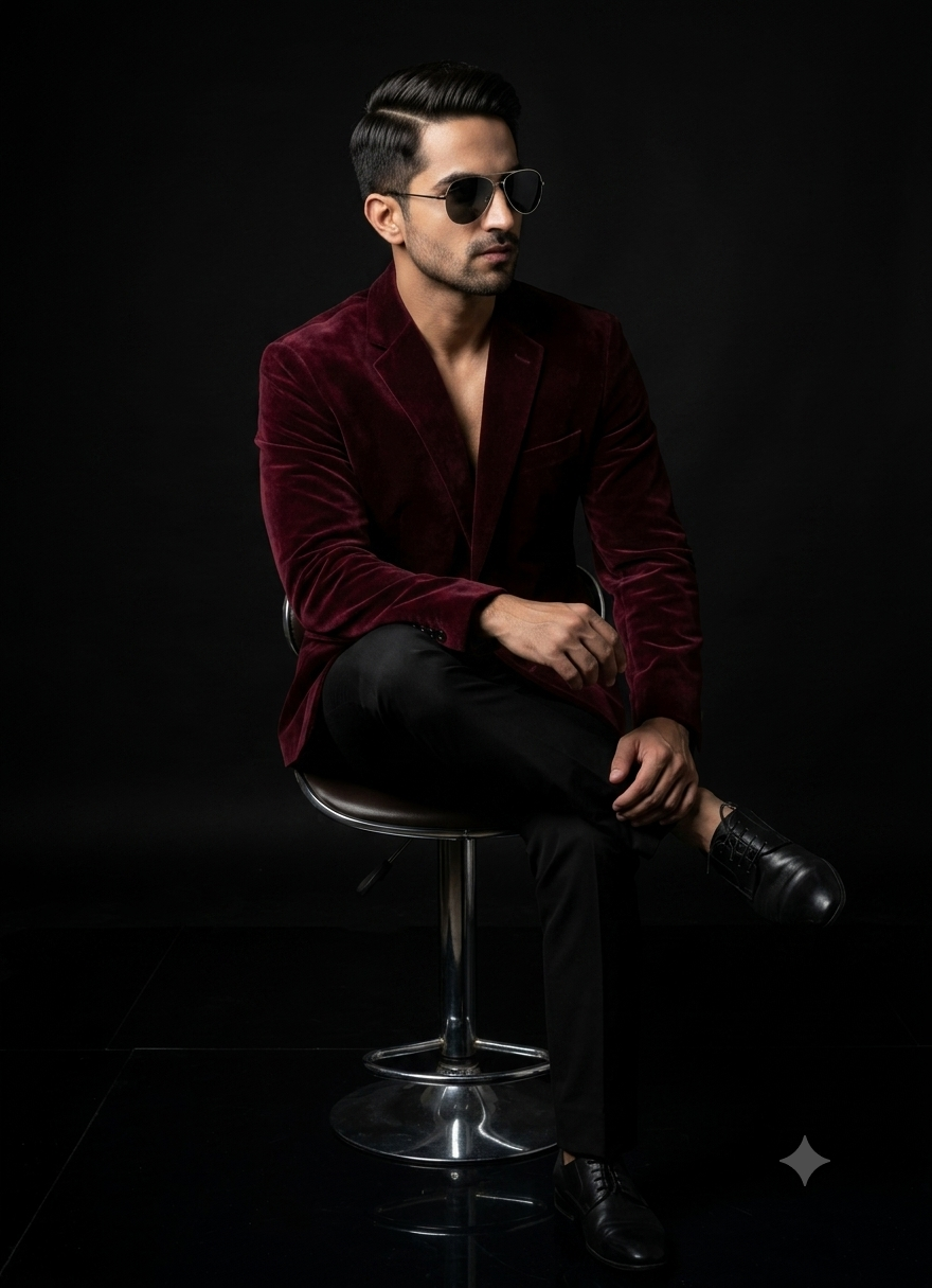 Luxury Fashion Studio Portrait in Velvet Burgundy Blazer | Cinematic Editorial AI Prompt Original